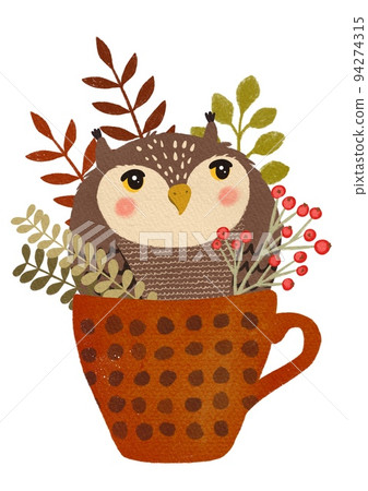 Cute owl sitting in a cup with autumn bouquet 94274315