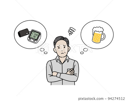 擔心高血壓中年人血壓喝啤酒插畫 擔心高血壓中年人血壓喝啤酒插畫 94274512