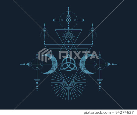 Triple Goddess and Triquetra , Sacred Geometry, tribal triangles, moon phases in Shaman boho vintage style. Retro, astrology, alchemy, and magic symbols. Vector isolated on blue ancient background  94274627