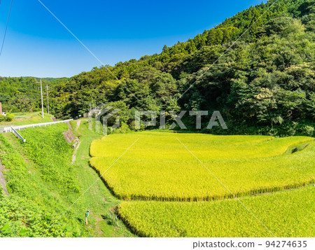 栃木縣茂木町收割附近的北關東地區石畑梯田的收穫風光 栃木縣茂木町收割附近的北關東地區石畑梯田的收穫風光 94274635