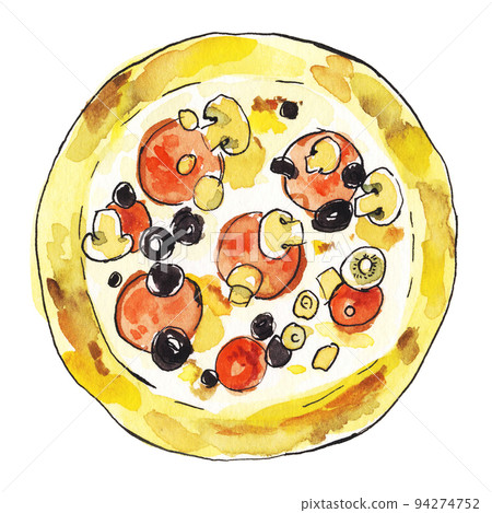 比薩香腸、蘑菇和橄欖的水彩插圖 94274752