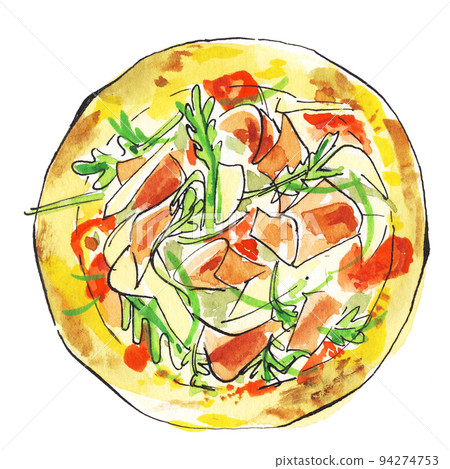 比薩帕爾馬火腿和芝麻菜的水彩插圖 94274753