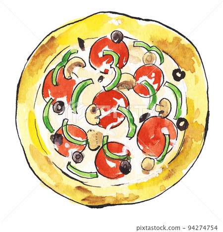 比薩蘑菇、意大利臘腸、橄欖和辣椒的水彩插圖 94274754