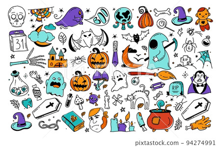 Large set of Halloween elements Doodle style vector design Illustration Isolated on white background Large set of Halloween elements Doodle style vector design Illustration Isolated on white background 94274991