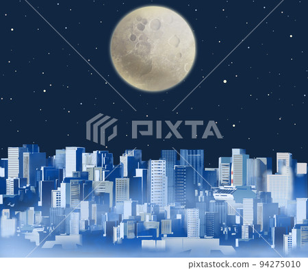 迷離的月亮和東京城市風光-城市夜景風光-星空的夢幻唯美插畫壁紙素材 94275010