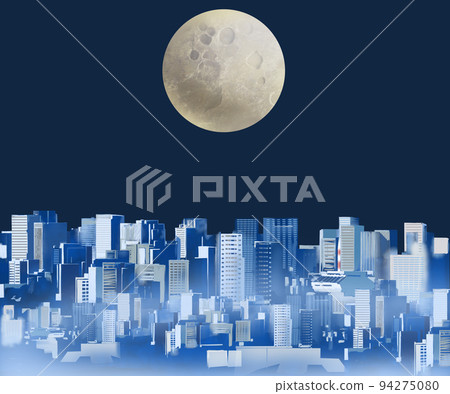 滿月和東京城市景觀-城市夜景-星空的夢幻美麗插畫壁紙素材 94275080