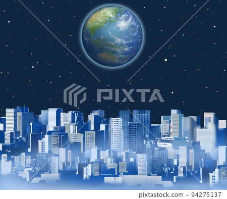 漂浮在夜晚的地球-城市景觀-城市夜景-夢幻般的美麗神秘插畫星空壁紙素材 94275137