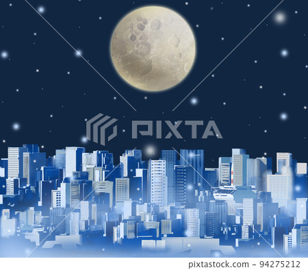 A night view of the city where the full moon floating in the night and the buildings of Tokyo are lined up-Fantastic beautiful illustration wallpaper material with snow falling 94275212