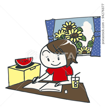 girl doing summer vacation homework 94276877