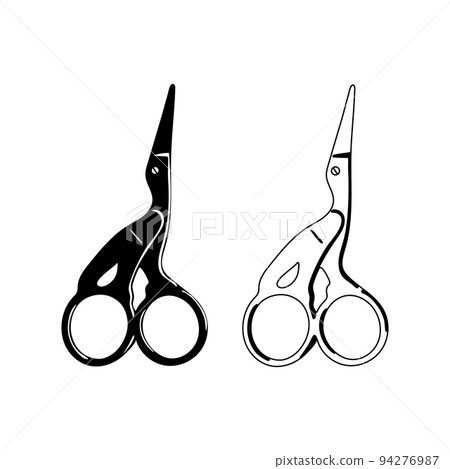 Tailor and embroidery scissors. Crane Small Scissors isolated on white background. Vector silhouette and outline. Tailor and embroidery scissors. Crane Small Scissors isolated on white background. Vector silhouette and outline. 94276987