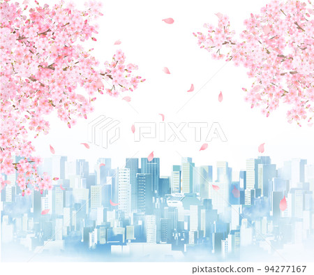 美麗華麗的淡粉色櫻花盛開和懷舊的城市景觀白色背景框架背景材料插圖 美麗華麗的淡粉色櫻花盛開和懷舊的城市景觀白色背景框架背景材料插圖 94277167