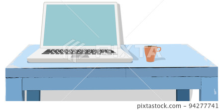 Laptop computer and coffee cup on a worn light blue desk No background transparent PNG transparent 94277741