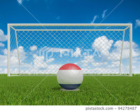 soccer balls in Netherlands flags colors on soccer field . 3d rendering soccer balls in Netherlands flags colors on soccer field . 3d rendering 94278487