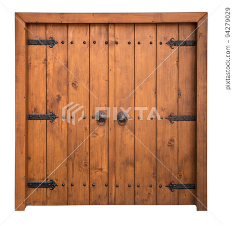 vintage wooden large double barn door with brown wood texture and metallic handle and bolts isolated on white 94279029