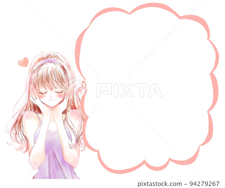 一個微笑的女人想像她喜歡什麼,一個講話泡泡 一個微笑的女人想像她喜歡什麼,一個講話泡泡 94279267