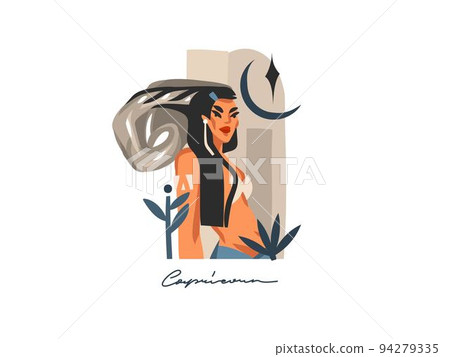 Hand drawn vector stock abstract flat graphic illustration with zodiac astrological contemporary sign Capricorn with beauty magic female character,cartoon artistic design isolated on white background Hand drawn vector stock abstract flat graphic illustration with zodiac astrological contemporary sign Capricorn with beauty magic female character,cartoon artistic design isolated on white background 94279335