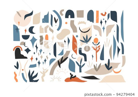 Hand drawn vector abstract stock graphic illustration collection set bundle with modern collage nature contemporary elements of branch,leaves,silhouettes,moon and stars isolated on white background 94279404