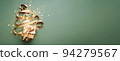 New Year banner with concept of Christmas tree made of gold ribbon and gift box on olive background. 94279567