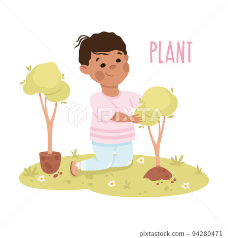 Little Boy Planting Tree Demonstrating Vocabulary and Verb Studying Vector Illustration 94280471