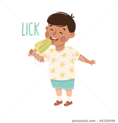 Little Boy Licking Ice Cream Demonstrating Vocabulary and Verb Studying Vector Illustration Little Boy Licking Ice Cream Demonstrating Vocabulary and Verb Studying Vector Illustration 94280494