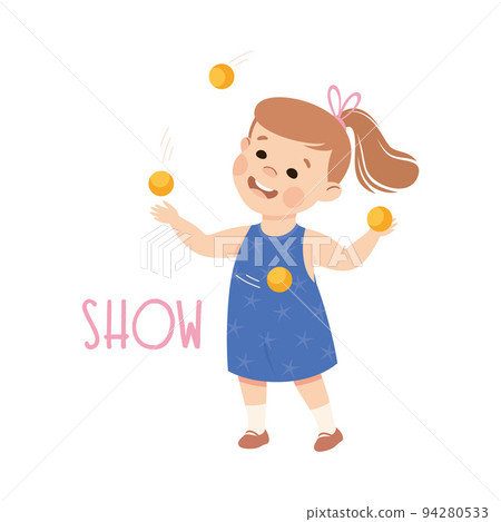 Little Girl Performing Show Juggling Balls Demonstrating Vocabulary and Verb Studying Vector Illustration 94280533