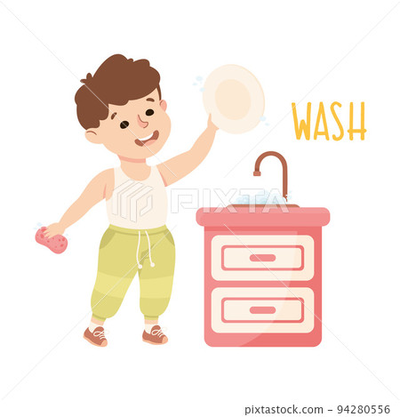 Little Boy Washing Dishes at Kitchen Sink Demonstrating Vocabulary and Verb Studying Vector Illustration Little Boy Washing Dishes at Kitchen Sink Demonstrating Vocabulary and Verb Studying Vector Illustration 94280556