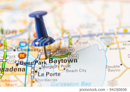 Bangkok, Thailand - January 20, 2022 Baytown, Texas road map with red pushpin, city in the United States of America USA. Bangkok, Thailand - January 20, 2022 Baytown, Texas road map with red pushpin, city in the United States of America USA. 94280606