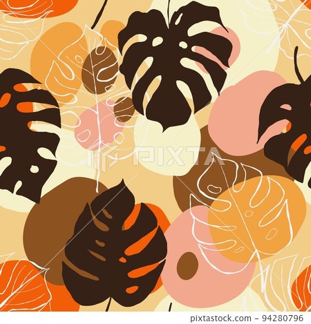 Hand Drawn Abstract Tropical Monstera Exotic Leaves and abstarct spots Repeating Vector Pattern. Seamless Background Hand Drawn Abstract Tropical Monstera Exotic Leaves and abstarct spots Repeating Vector Pattern. Seamless Background 94280796