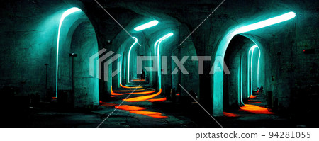 abstract neon corridors on a black background Emerald azure color abstract neon corridors on a black background Emerald azure color 94281055