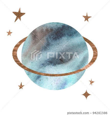 Saturn and golden stars. Watercolor illustration. Isolated on a white background. For design. 94281386