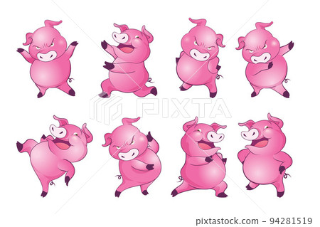 Cute pigs cartoon character cheerful funny dancing many actions 94281519