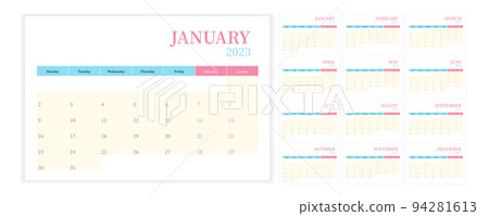 Calendar template set for 2023 year in Week starts on Monday via Simple editable vertical vector calender 94281613