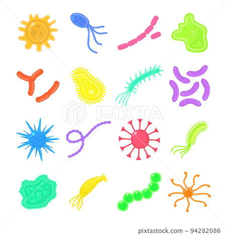 Colourful bacteria,microbe,probiotic virus, cells and bacillus set. Health, flu,disease, illness, probiotic concept. Stock vector illustration isolated on white background in flat cartoon style. Colourful bacteria,microbe,probiotic virus, cells and bacillus set. Health, flu,disease, illness, probiotic concept. Stock vector illustration isolated on white background in flat cartoon style. 94282086