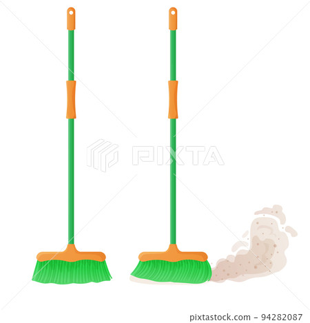 Cartoon plastic broom set. A broom sweeps dust and dirt. Housework, cleaning services, household,concept. Equipment, tools for cleaning element isolated on white background. Stock vector illustration. Cartoon plastic broom set. A broom sweeps dust and dirt. Housework, cleaning services, household,concept. Equipment, tools for cleaning element isolated on white background. Stock vector illustration. 94282087