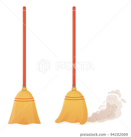 Cartoon broom set. A broom sweeps dust and dirt. Equipment and tools for cleaning the element isolated on a white background. Household, cleaning services, housewives,concept. Vector illustration. 94282089
