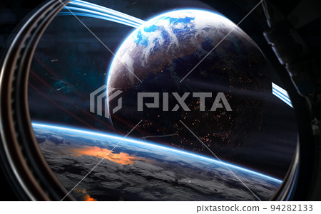 Inhabited deep space planets. View from porthole of spaceship 94282133