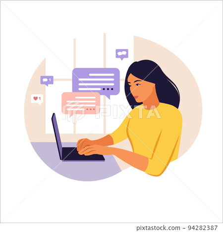 Woman sitting table with laptop and phone. Working on a computer. Freelance, online education or social media concept. Studying concept. Flat style. Woman sitting table with laptop and phone. Working on a computer. Freelance, online education or social media concept. Studying concept. Flat style. 94282387