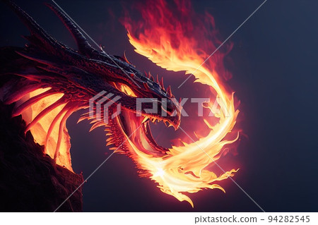 An ancient dragon with burning eyes. Portrait of a mysterious dragon. 3D render. 94282545