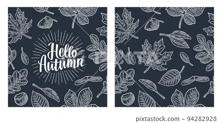 Seamless pattern leafs, acorn, chestnut and seed. Vector vintage engraving Seamless pattern leafs, acorn, chestnut and seed. Vector vintage engraving 94282928