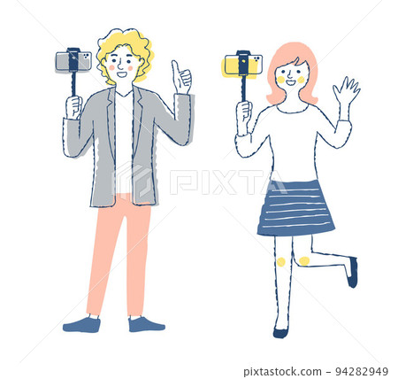 Men and women shooting with a smartphone using a selfie stick Men and women shooting with a smartphone using a selfie stick 94282949