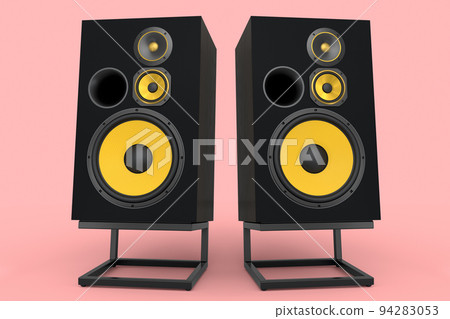 Hi-fi speakers with loudspeakers on stand on pink background. 94283053