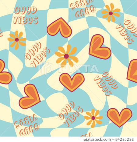 Love heart, daisies, waves of positivity retro 70s seamless pattern. Yellow, orange, red scattered heart shapes on a swirling background Love heart, daisies, waves of positivity retro 70s seamless pattern. Yellow, orange, red scattered heart shapes on a swirling background 94283258