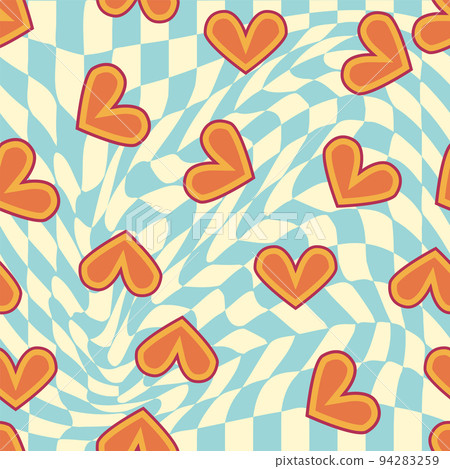 Love heart, daisies, waves of positivity retro 70s seamless pattern. Yellow, orange, red scattered heart shapes on a swirling background 94283259