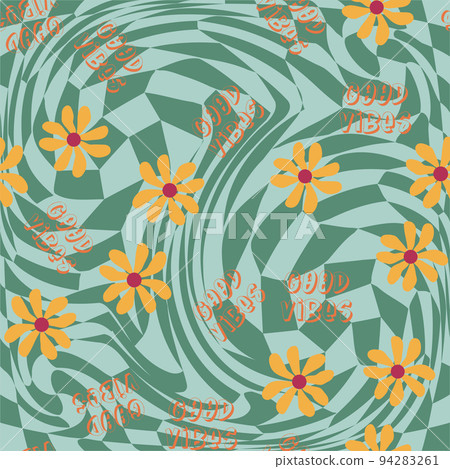 Love heart, daisies, waves of positivity retro 70s seamless pattern. Yellow, orange, red scattered heart shapes on a swirling background Love heart, daisies, waves of positivity retro 70s seamless pattern. Yellow, orange, red scattered heart shapes on a swirling background 94283261