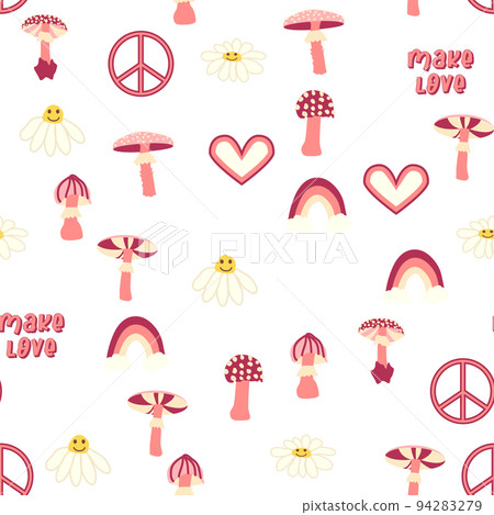 Love heart, peace symbol, rainbow retro 70s seamless pattern. Scattered heart shapes on a swirling background. 94283279