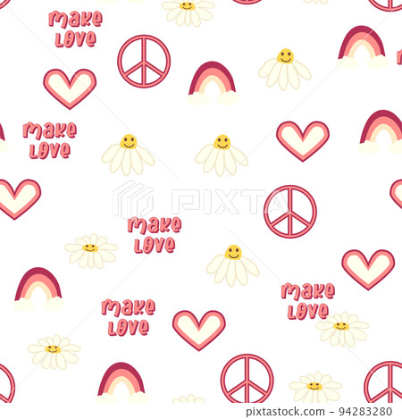 Love heart, peace symbol, rainbow retro 70s seamless pattern. Scattered heart shapes on a swirling background. Love heart, peace symbol, rainbow retro 70s seamless pattern. Scattered heart shapes on a swirling background. 94283280