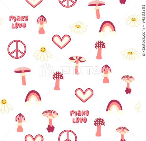 Magic psychedelic drug mushrooms, Chamomile, rainbow seamless pattern. Psychedelic hallucination. 60-70s hippie 94283281