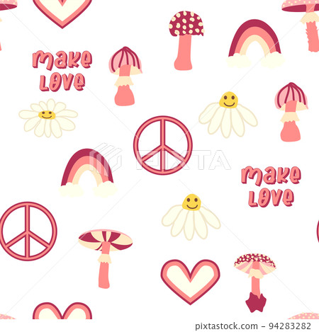 Magic psychedelic drug mushrooms, Chamomile, rainbow seamless pattern. Psychedelic hallucination. 60-70s hippie 94283282