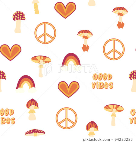 Magic psychedelic drug mushrooms, Chamomile, rainbow seamless pattern. Psychedelic hallucination. 60-70s hippie Magic psychedelic drug mushrooms, Chamomile, rainbow seamless pattern. Psychedelic hallucination. 60-70s hippie 94283283