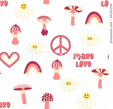 Magic psychedelic drug mushrooms, Chamomile, rainbow seamless pattern. Psychedelic hallucination. 60-70s hippie Magic psychedelic drug mushrooms, Chamomile, rainbow seamless pattern. Psychedelic hallucination. 60-70s hippie 94283284